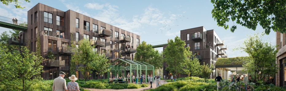 Car park transformed into social housing across connected buildings